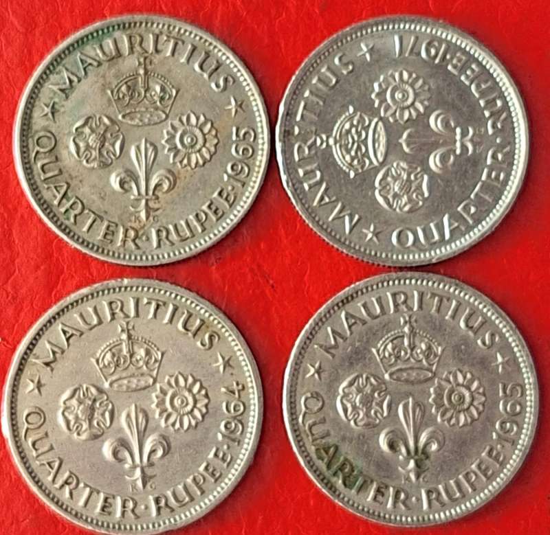 Mauritius 1964, 1965x2 and 1971 Elizabeth II Quarter ¼ Rupee Copper-nickel