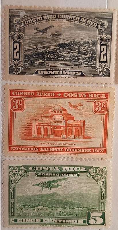 Costa Rica 1937 2 Mint  Airmail stamps and 1953 1 Unused Hinged Airmail stamp
