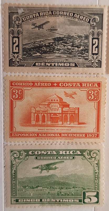 Costa Rica 1937 2 Mint  Airmail stamps and 1953 1 Unused Hinged Airmail stamp