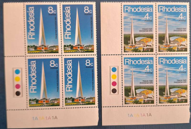 Rhodesia 1978 Trade Fair Set of 2 Mint stamps in Blocks of 4 Each Plate 1A