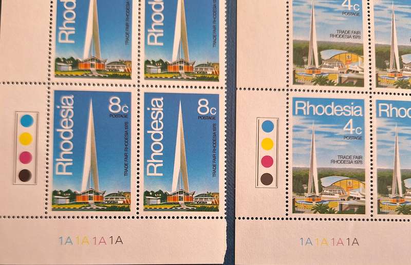Rhodesia 1978 Trade Fair Set of 2 Mint stamps in Blocks of 4 Each Plate 1A
