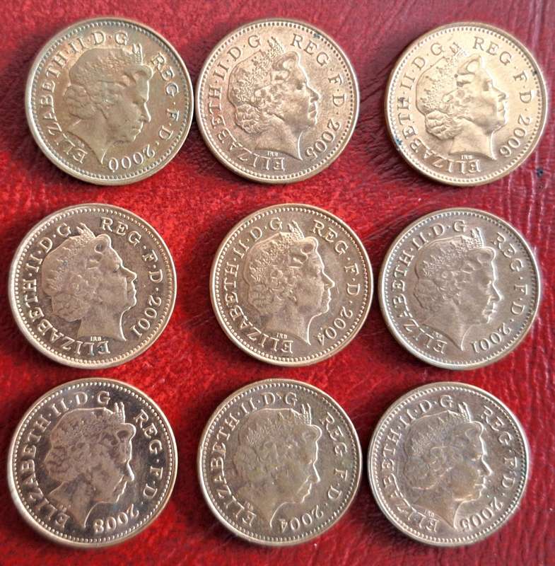 GB 2000 2001x2 2004x2 2005x2 2006 2008 (9) Elizabeth II One Penny Copper plated steel