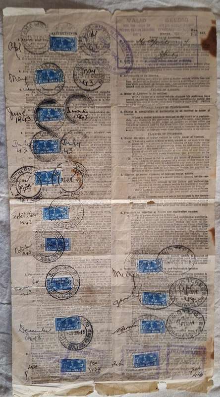 Motor Vehicle Licence Cape Province Issued 1943 Valid for Petrol Rations until 16 April 1944