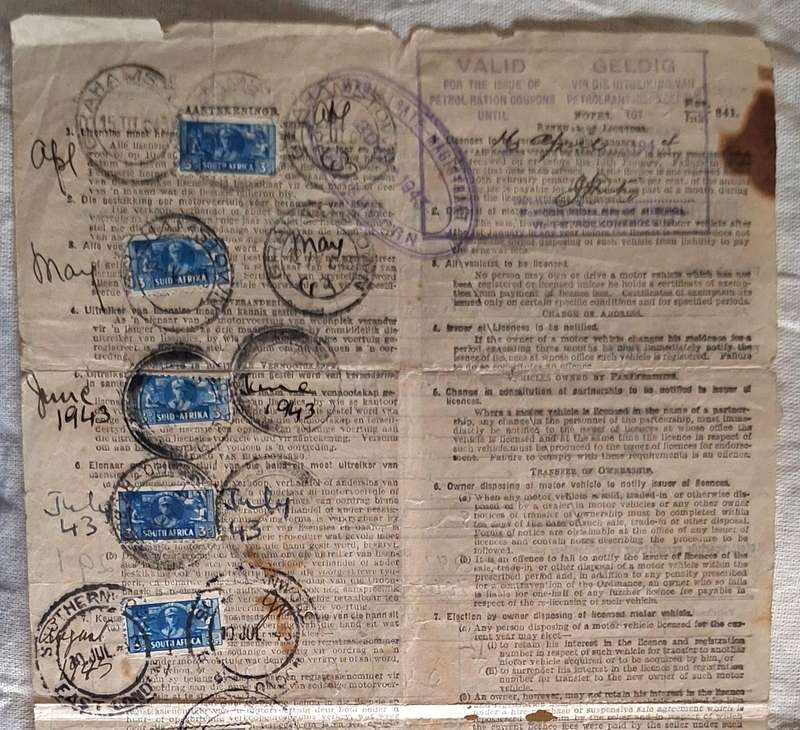 Motor Vehicle Licence Cape Province Issued 1943 Valid for Petrol Rations until 16 April 1944