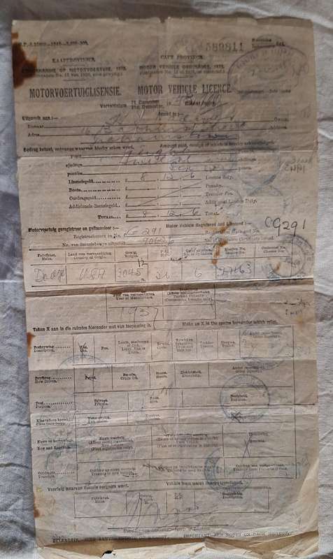 Motor Vehicle Licence Cape Province Issued 1943 Valid for Petrol Rations until 16 April 1944