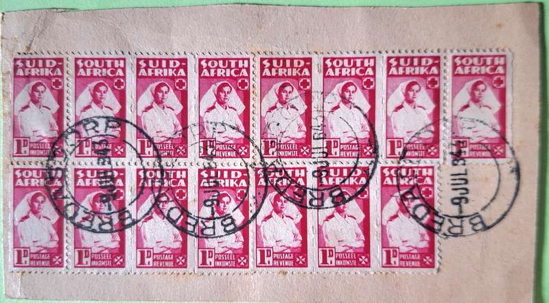 South Africa 1942 Bantam War Effort Nurses 1D (Penny) Block of 15 Used stamps on Paper