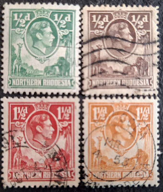 Northern Rhodesia 1938-1952 King George 1 1/2d Four different colours Used stamps