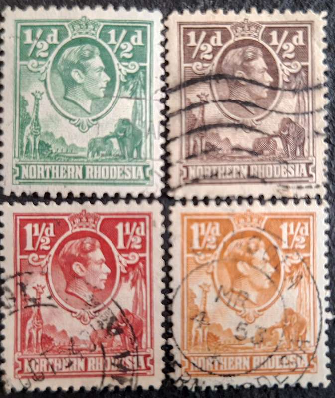 Northern Rhodesia 1938-1952 King George 1 1/2d Four different colours Used stamps