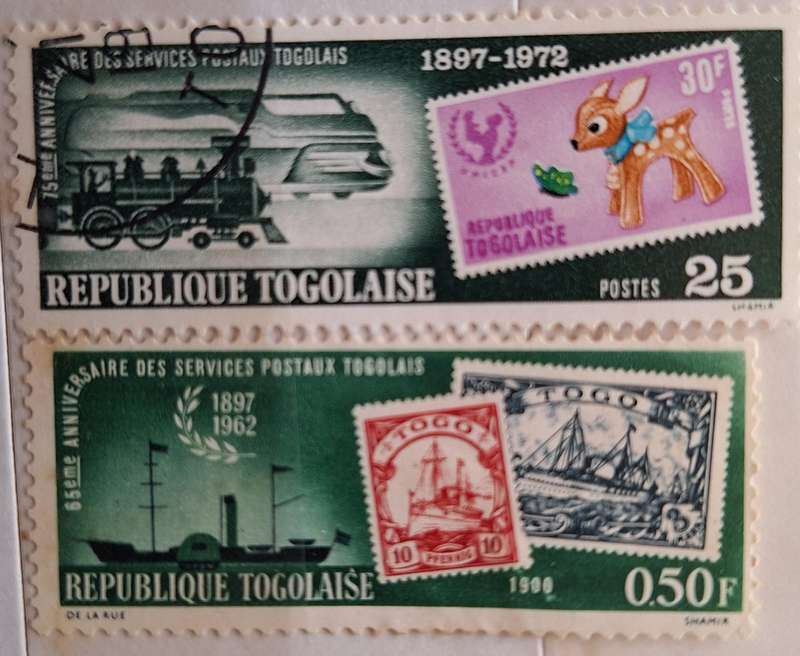 Togo 1962 and 1972 65th and 75th Postage Anniversaries 2 Used Hinged stamps Theme: Stamps on Stamps