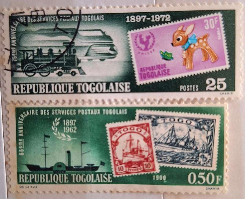 Togo 1962 and 1972 65th and 75th Postage Anniversaries 2 Used Hinged stamps Theme: Stamps on Stamps