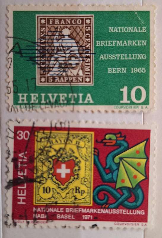 Switzerland 1965 and 1971 Stamp Exhibitions 2 Used stamps Theme: Stamps on Stamps