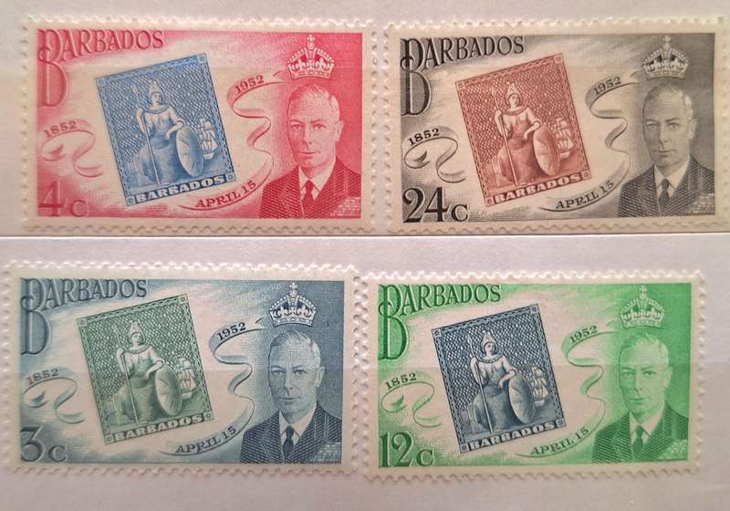 Barbados 1952 George VI Stamp Centenary Set of 4 Unused Hinged stamps Theme: Stamps on Stamps