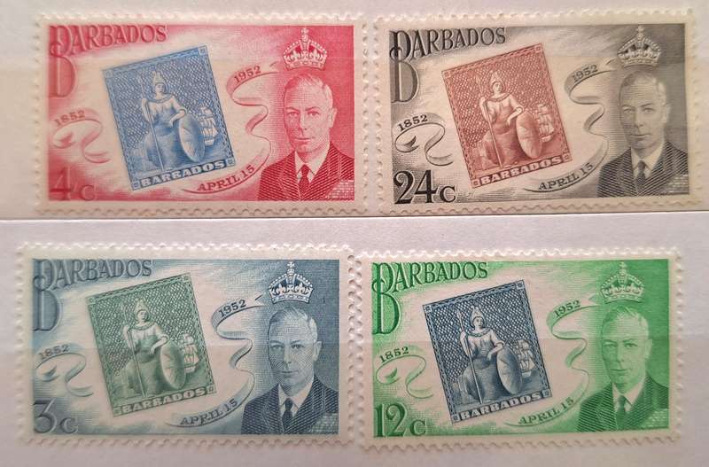 Barbados 1952 George VI Stamp Centenary Set of 4 Unused Hinged stamps Theme: Stamps on Stamps