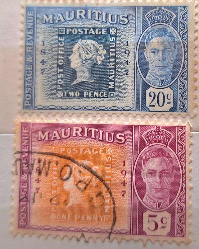Mauritius 1948 George VI Postage Stamp Cent. 1 Used and 1 Unused both Hinged Theme: Stamps on Stamps
