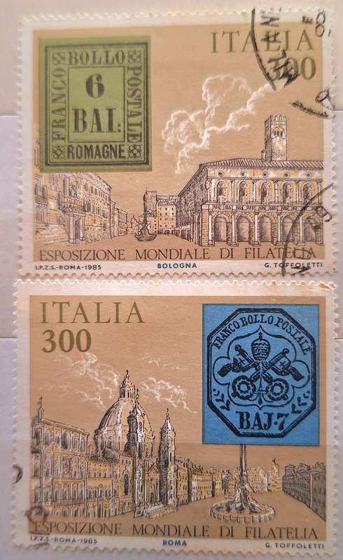 Italy 1985 World Philatelic Exhibition 2 Used Hinged stamps Theme: Stamps on Stamps