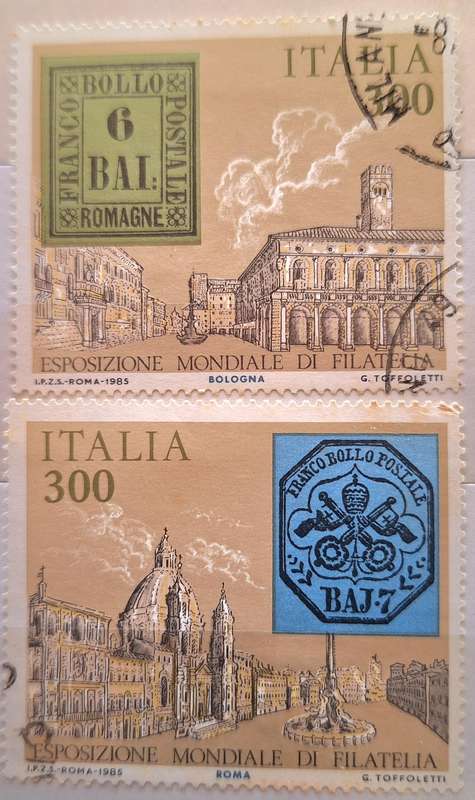 Italy 1985 World Philatelic Exhibition 2 Used Hinged stamps Theme: Stamps on Stamps