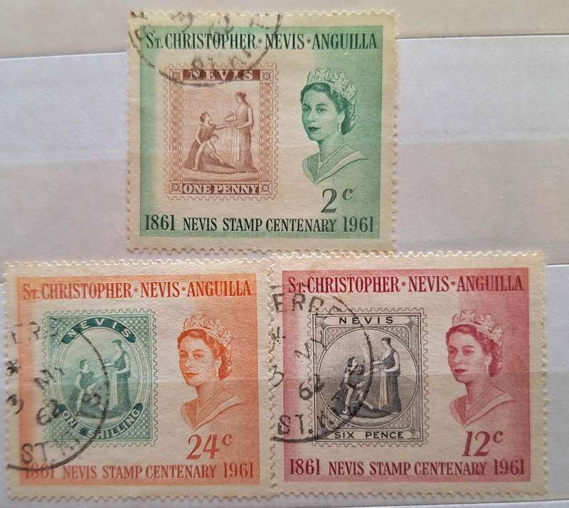 St Christopher Nevis Anguilla 1961 Nevis Stamp Centenary 3 Used stamps Theme: Stamps on Stamps
