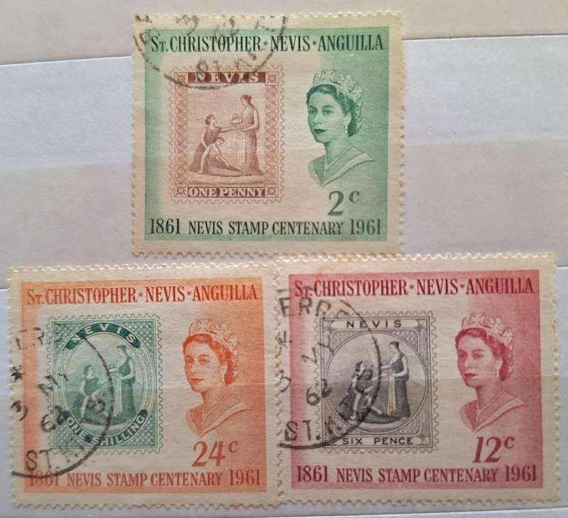 St Christopher Nevis Anguilla 1961 Nevis Stamp Centenary 3 Used stamps Theme: Stamps on Stamps