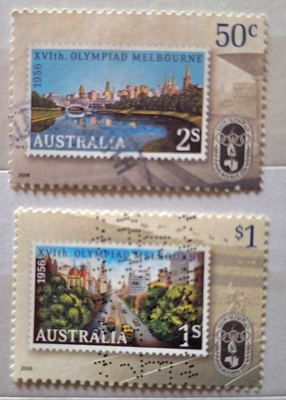 Australia 2006 50th Anniv 1956 Melbourne Olympic Games 2 Used Hinged stamps Theme: Stamps on Stamps