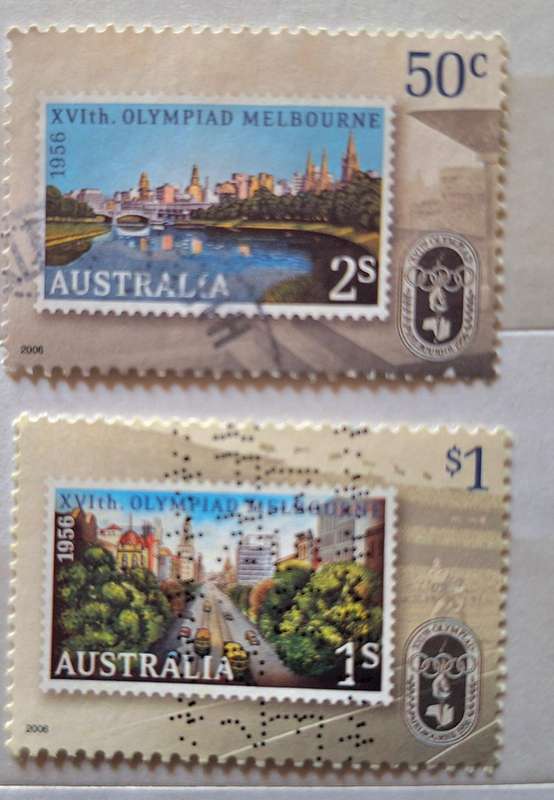 Australia 2006 50th Anniv 1956 Melbourne Olympic Games 2 Used Hinged stamps Theme: Stamps on Stamps