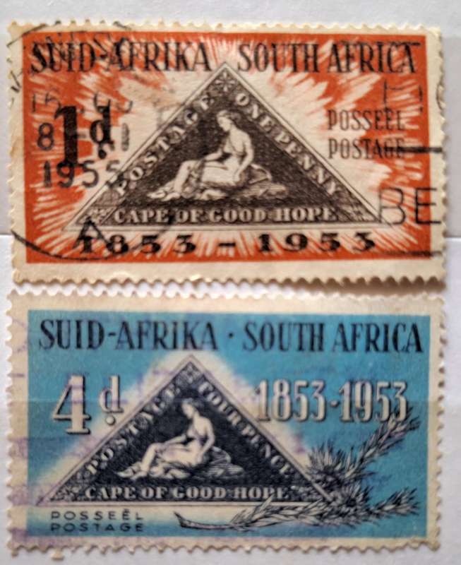 South Africa 1953 Centenary of Cape Triangular Stamps 2 Used stamps Theme: Stamps on Stamps