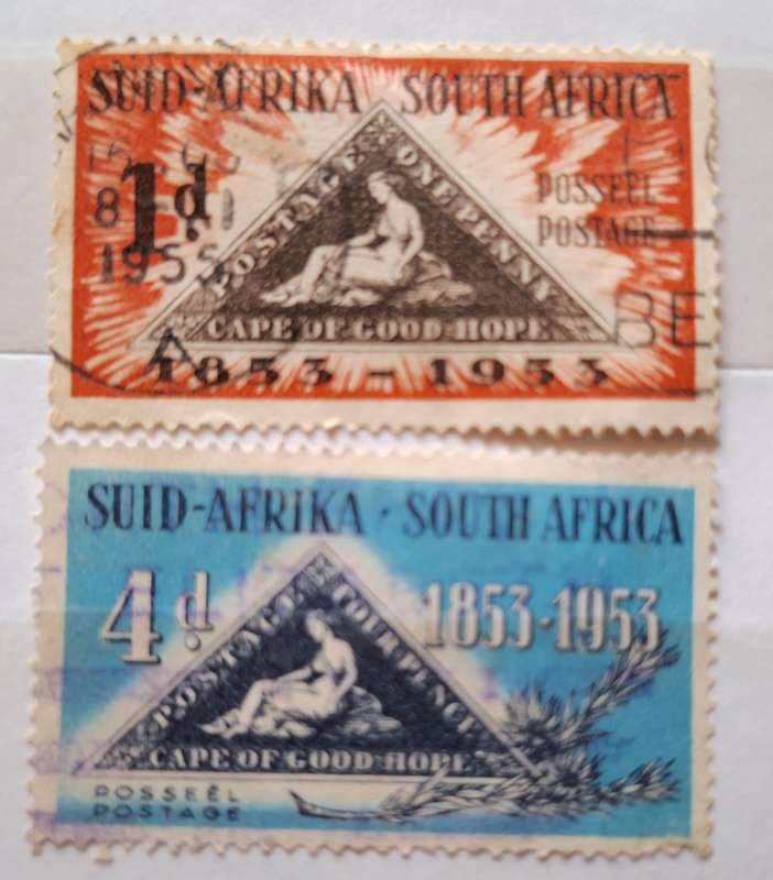 South Africa 1953 Centenary of Cape Triangular Stamps 2 Used stamps Theme: Stamps on Stamps
