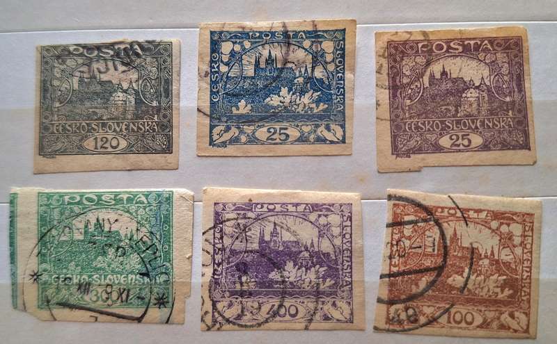 Czechoslovakia 1918-19  The Hradčany Castle series 6 Used Hinged Imperforate stamps