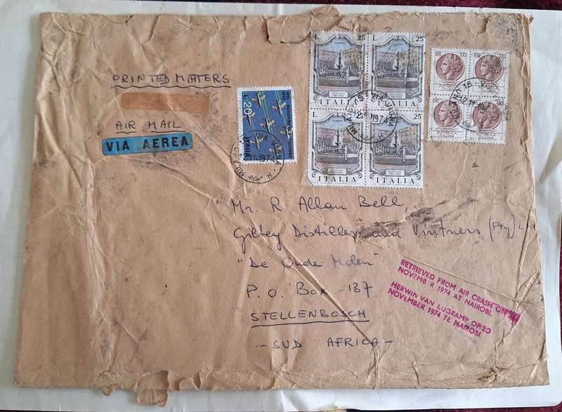 Cover from Italy to South Africa Marked: Retrieved from Air Crash on 20 November 1974 at Nairobi
