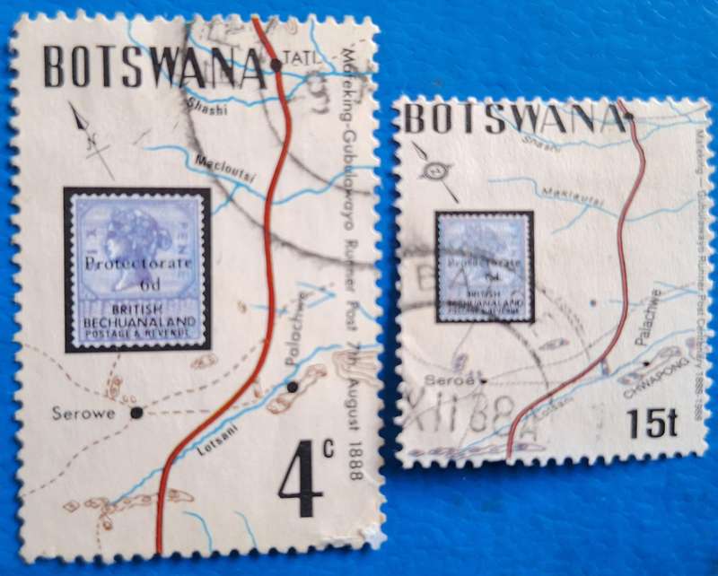 Botswana 1988 Mafeking-Gubulawayo Runner Post Centenary 2 Used stamps Theme: Stamps on Stamps, Maps