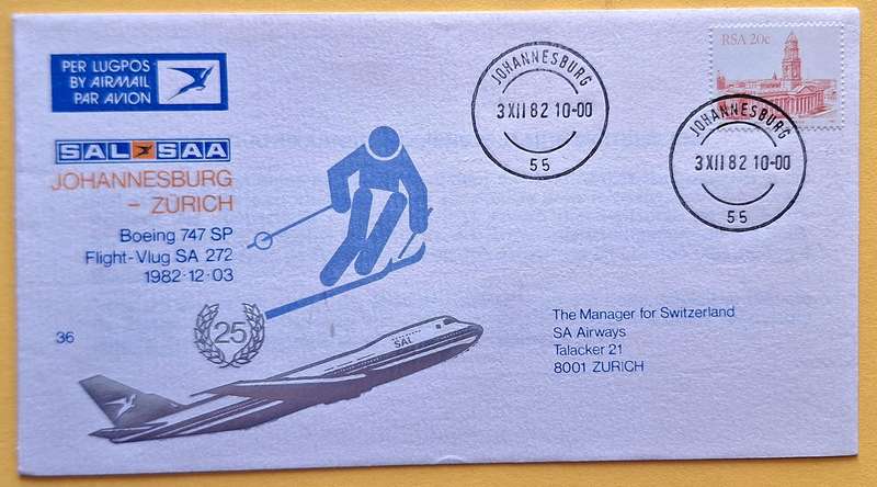 SAA SAL Flight Cover No 36 Johannesburg Zurich