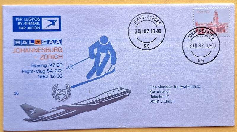 SAA SAL Flight Cover No 36 Johannesburg Zurich