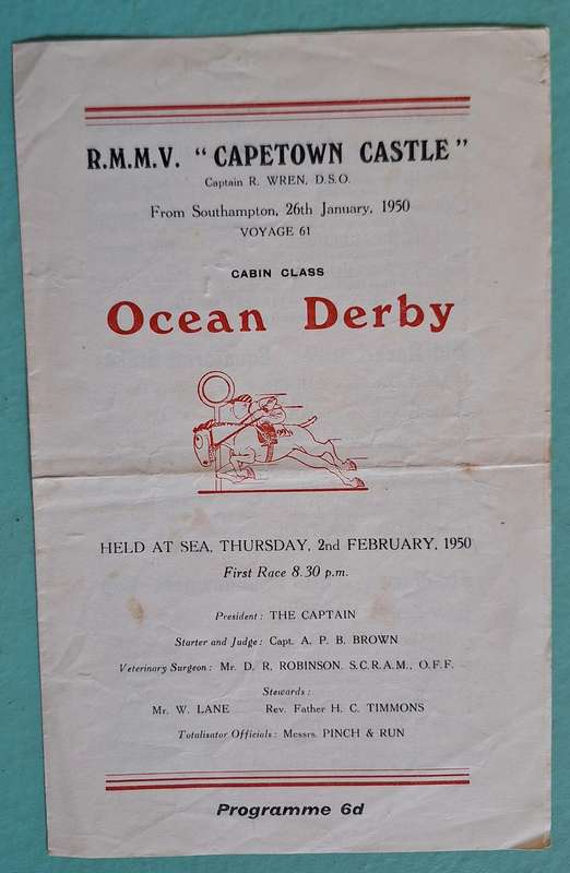RMMV Cape Town Castle 1950 Ocean Derby Race Programme and Rules