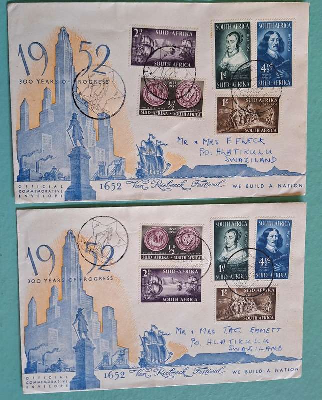 Union of SA 1952 Van Riebeeck Tercentenary 2 FDC's