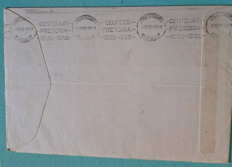 Union of S A 1938 Voortrekker Centenary Cover Cancelled Bullhoek with 14 stamps