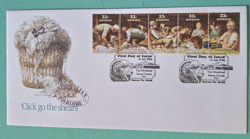 Australia 1986 Click Go The Shears with The Woolshed Euroa Vic Cancellation FDC