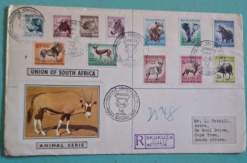 Union of S A 1954 Registered Cover Animal Serie Posted Skukuza with Kruger National Park cancellatio