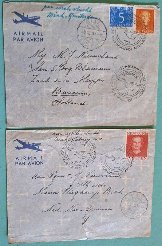 Dutch New Guinea 1951 2 Used Airmail Envelopes with Biak KLM cancellations