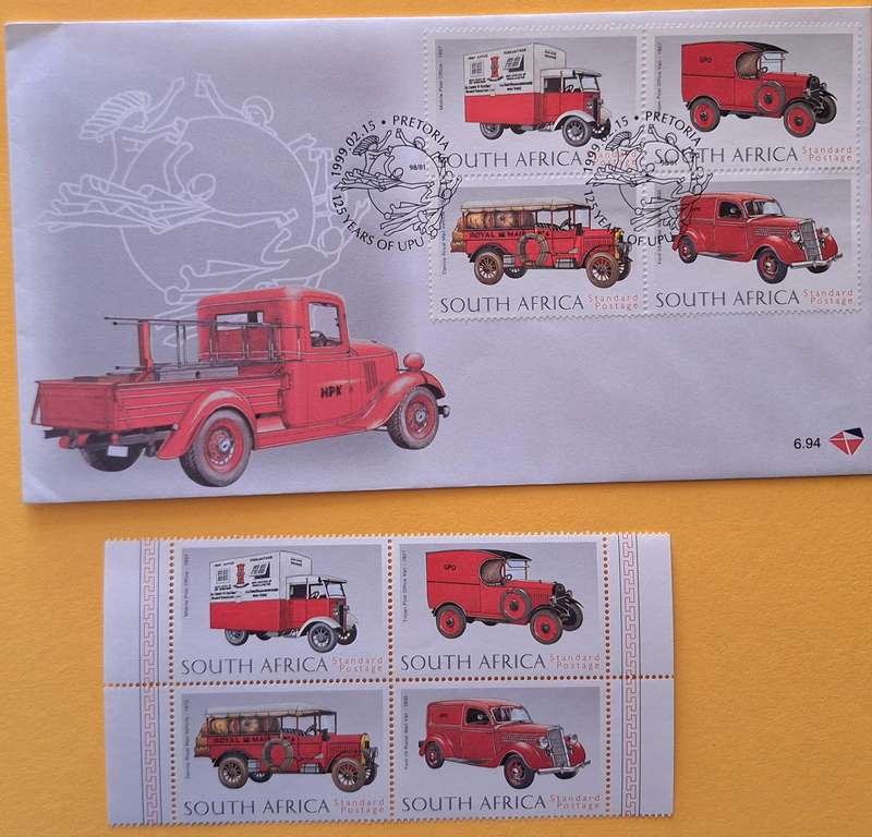South Africa 1999 125 Years of UPU Block of 4 Mint stamps and FDC 6.94