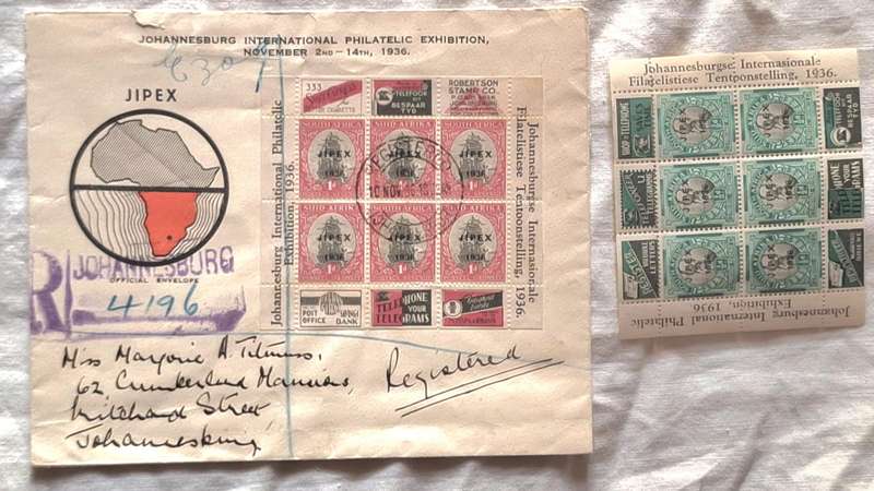 Union of South Africa 1936 Jipex 1d Exhibition Sheet on FDC and 1/2d Mint Sheet
