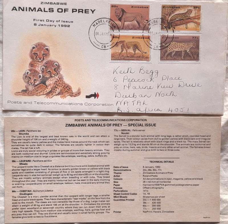 Zimbabwe 1992 Animals of Prey FDC