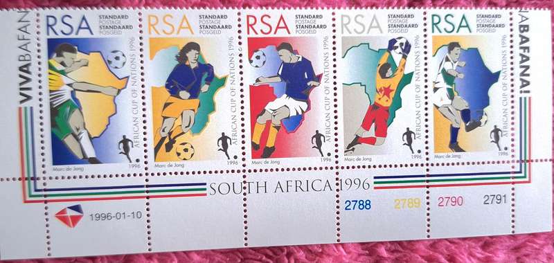 South Africa 1996 Soccer African Cup of Nations Strip of 5 Mint Stamps and Maxi Card 6.29a