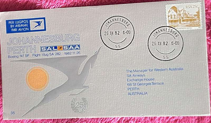 SAA/SAL 1982 Flight Cover No 35 25 years Johannesburg Perth Flights