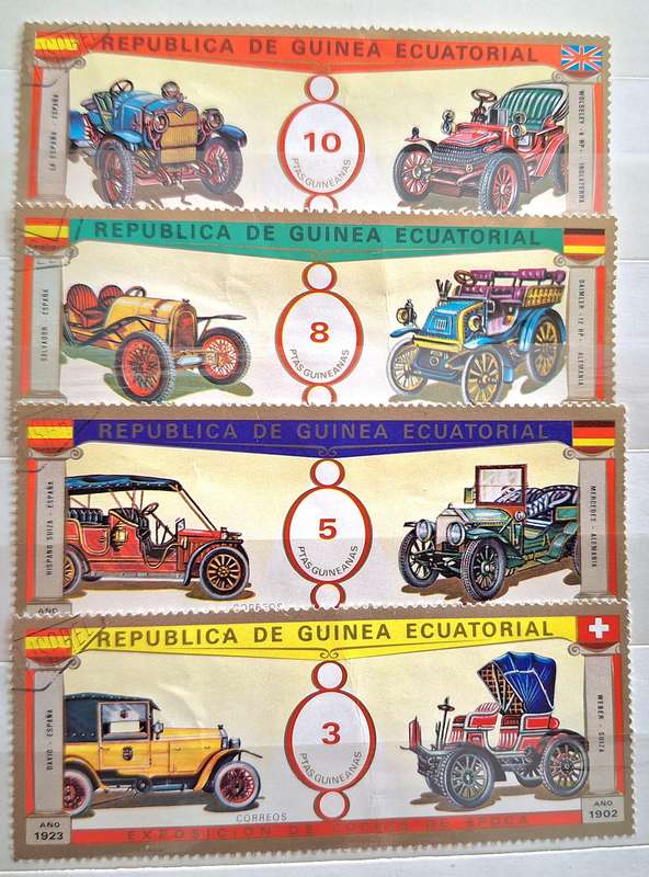 Equitorial Guinea 1976 Vintage Cars 4 Cancelled Hinged stamps