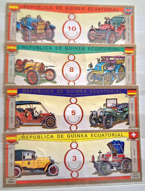 Equitorial Guinea 1976 Vintage Cars 4 Cancelled Hinged stamps