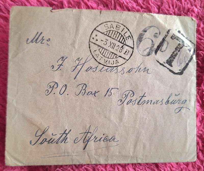 Union of South Africa - 1928 - Latvia cover to SA with 6d T but no stamps