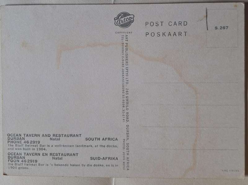 Artco Post Card S.267 1970s Ocean Tavern and Restaurant Durban Natal