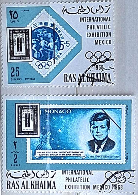 Ras al Khaima 1968 Philatelic Exhibition Mexico 2 Cancelled stamps Theme: Stamps on Stamps
