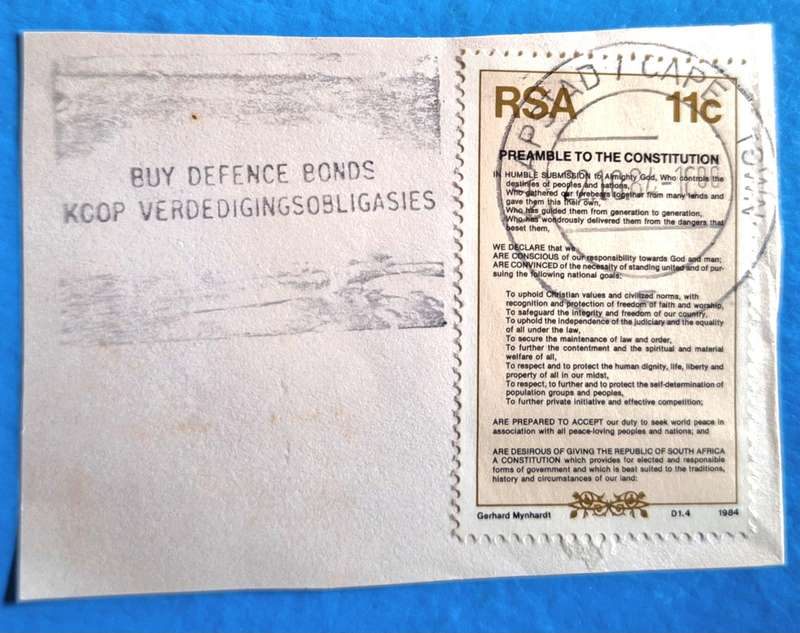 South Africa 1984 Date Stamp and Buy Defence Bonds slogan