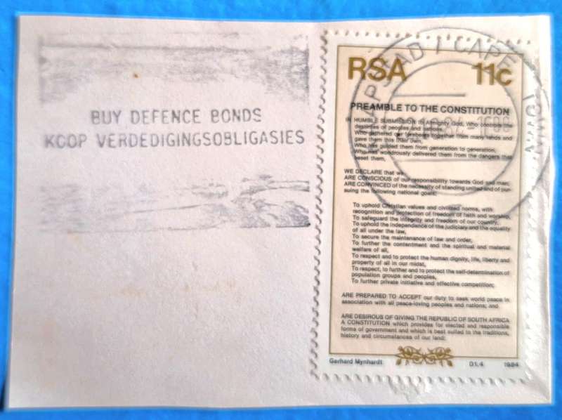 South Africa 1984 Date Stamp and Buy Defence Bonds slogan