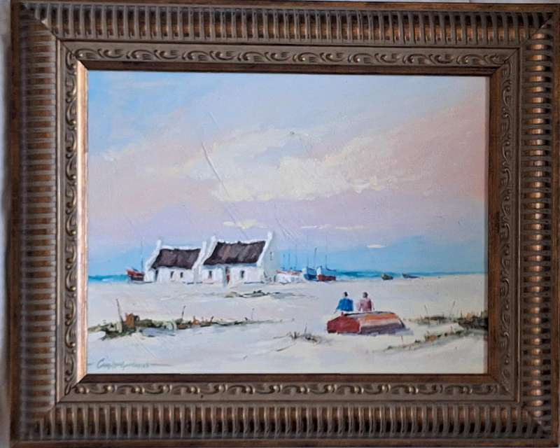 Framed Oil on Board Beach Cottages